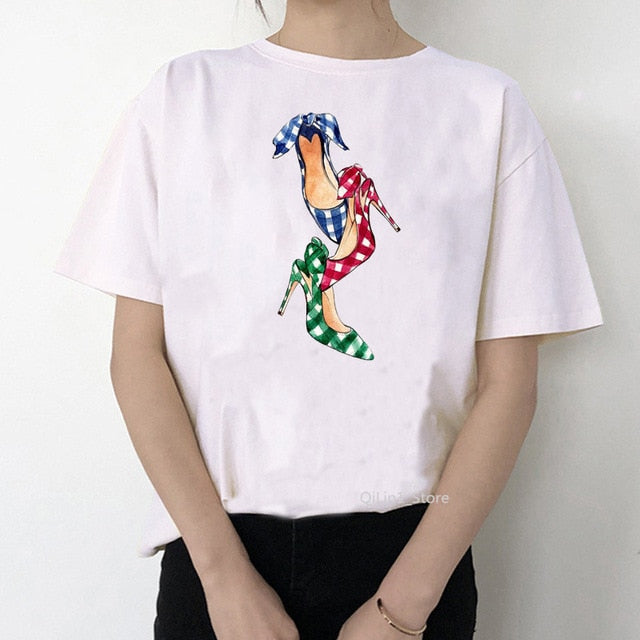 Newest watercolor high heels shoes print vogue t shirt femme funny t shirt women 90s hip hop punk shirt hipster streetwear