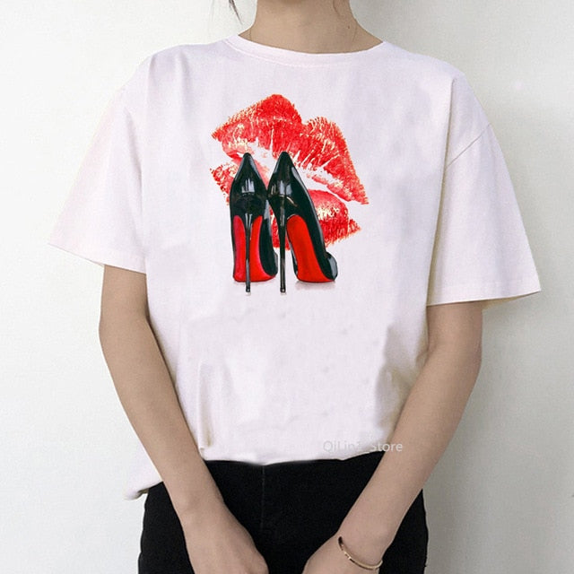 Newest watercolor high heels shoes print vogue t shirt femme funny t shirt women 90s hip hop punk shirt hipster streetwear