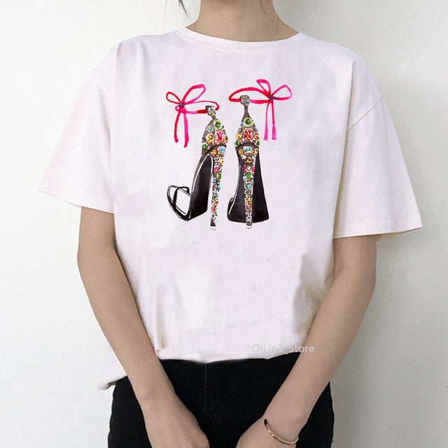 Newest watercolor high heels shoes print vogue t shirt femme funny t shirt women 90s hip hop punk shirt hipster streetwear