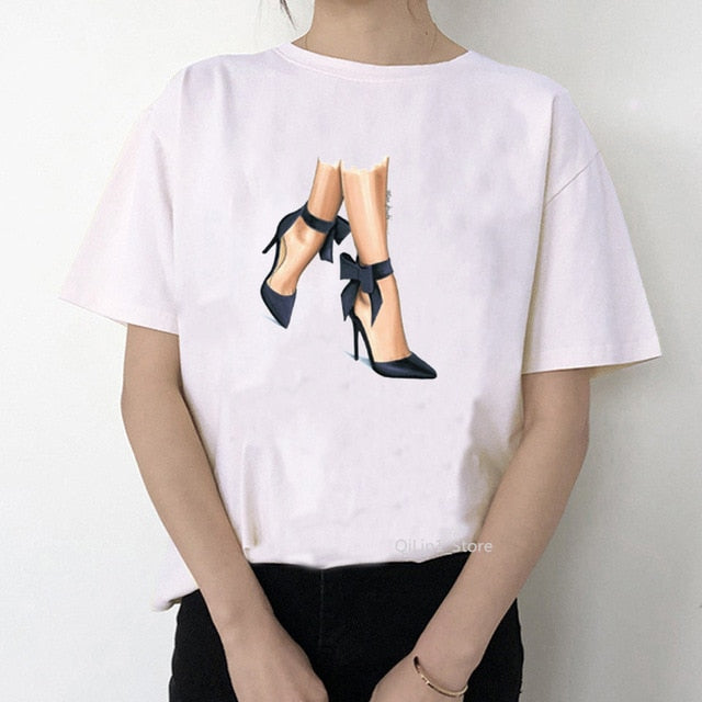 Newest watercolor high heels shoes print vogue t shirt femme funny t shirt women 90s hip hop punk shirt hipster streetwear