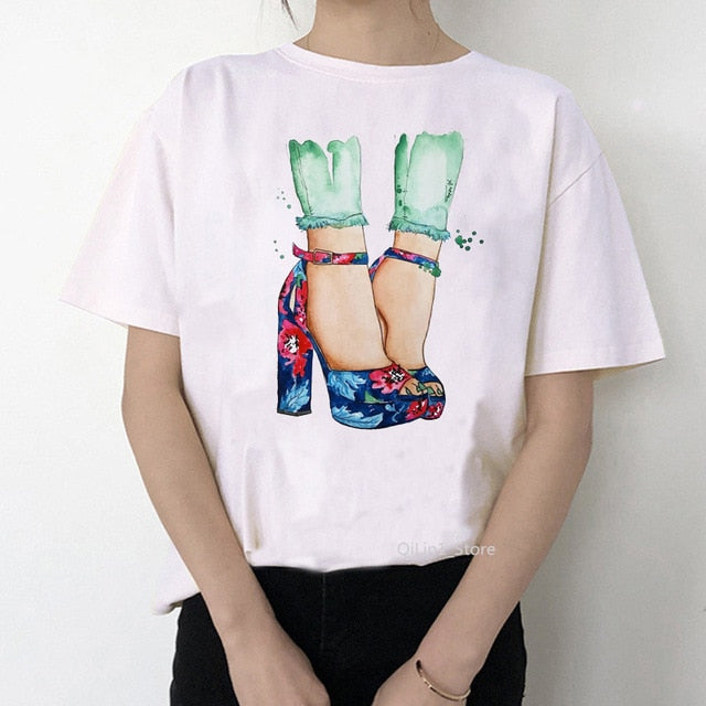 Newest watercolor high heels shoes print vogue t shirt femme funny t shirt women 90s hip hop punk shirt hipster streetwear