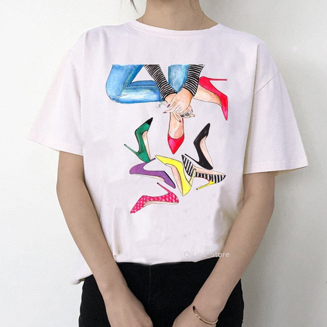 Newest watercolor high heels shoes print vogue t shirt femme funny t shirt women 90s hip hop punk shirt hipster streetwear