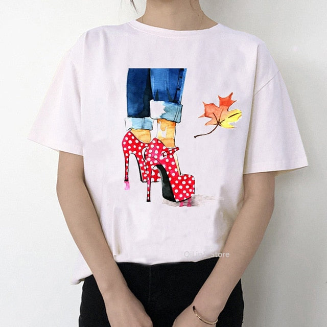 Newest watercolor high heels shoes print vogue t shirt femme funny t shirt women 90s hip hop punk shirt hipster streetwear
