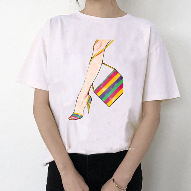 Newest watercolor high heels shoes print vogue t shirt femme funny t shirt women 90s hip hop punk shirt hipster streetwear