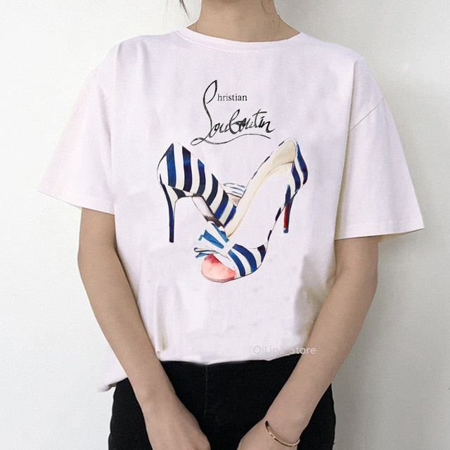 Newest watercolor high heels shoes print vogue t shirt femme funny t shirt women 90s hip hop punk shirt hipster streetwear