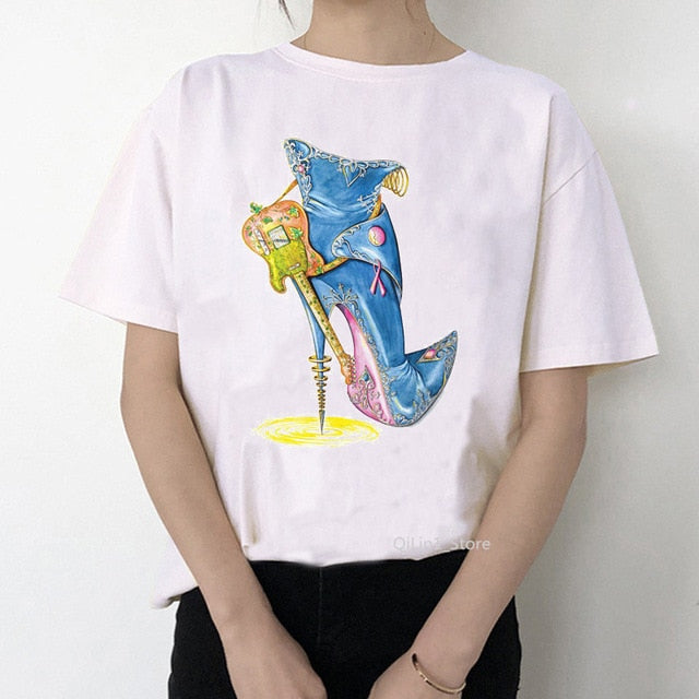 Newest watercolor high heels shoes print vogue t shirt femme funny t shirt women 90s hip hop punk shirt hipster streetwear