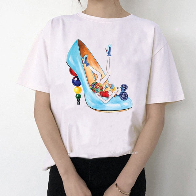 Newest watercolor high heels shoes print vogue t shirt femme funny t shirt women 90s hip hop punk shirt hipster streetwear