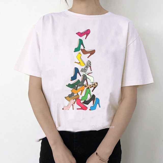 Newest watercolor high heels shoes print vogue t shirt femme funny t shirt women 90s hip hop punk shirt hipster streetwear