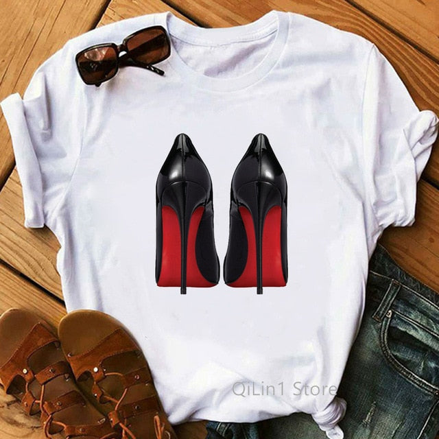 Newest watercolor high heels shoes print vogue t shirt femme funny t shirt women 90s hip hop punk shirt hipster streetwear