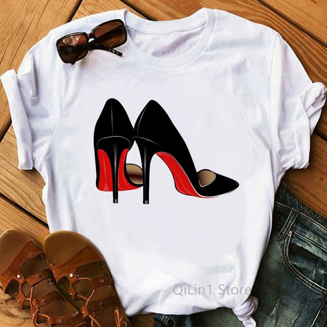 Newest watercolor high heels shoes print vogue t shirt femme funny t shirt women 90s hip hop punk shirt hipster streetwear