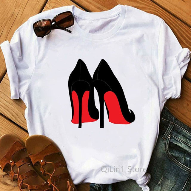 Newest watercolor high heels shoes print vogue t shirt femme funny t shirt women 90s hip hop punk shirt hipster streetwear
