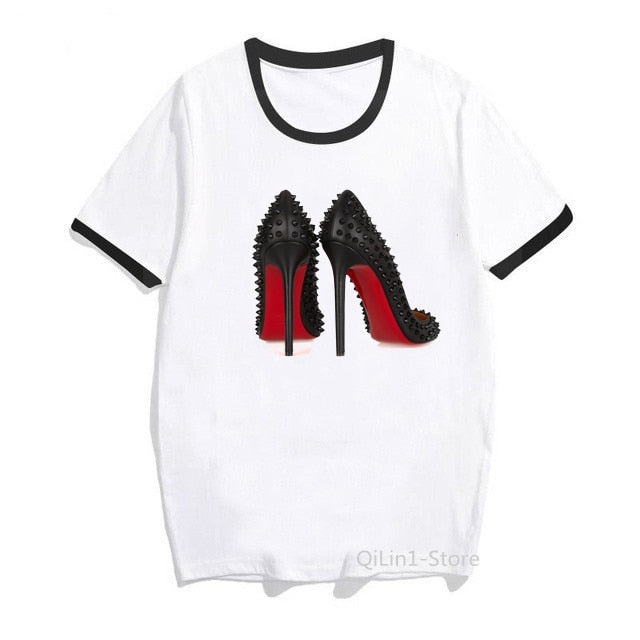 Newest watercolor high heels shoes print vogue t shirt femme funny t shirt women 90s hip hop punk shirt hipster streetwear