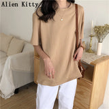 Alien Kitty 2020 New Soft Free Loose Hot Sale Solid Fresh Summer New T-shirt Women Fashion Natural Short Basic Shirt 4 Colors